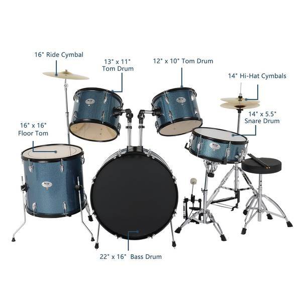 mlnshops 5-piece black drum kit with cymbals - Bass Drum
