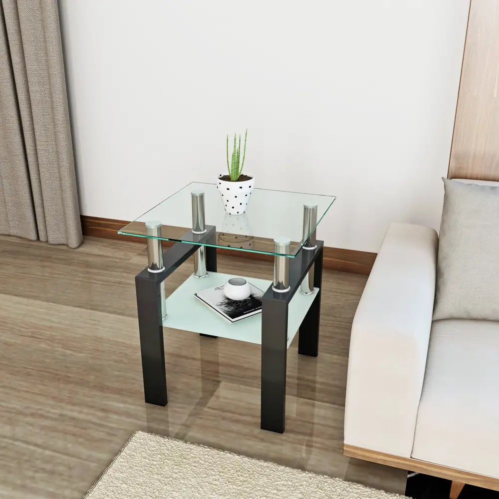 MLNshops Tempered Glass Tea Table Coffee Table End Table, Square Table for Living Room, Transparent/Black MLNshops]