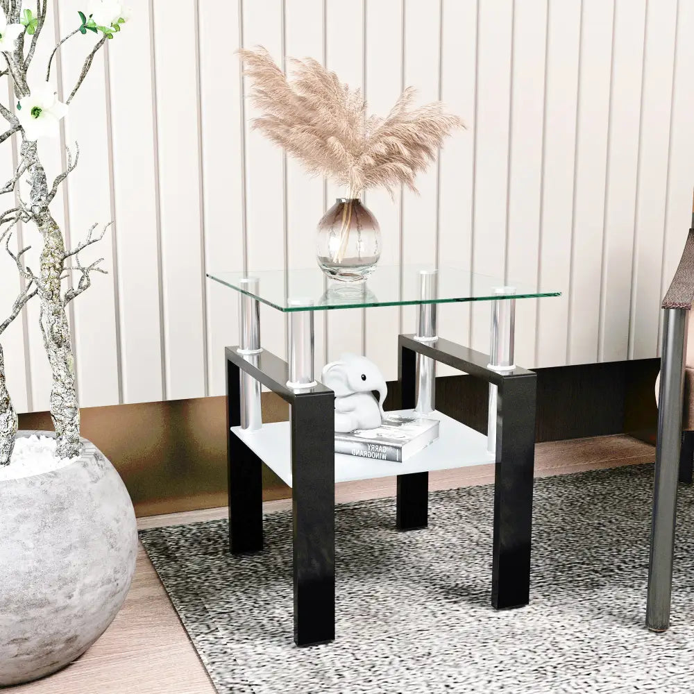 MLNshops Tempered Glass Tea Table Coffee Table End Table, Square Table for Living Room, Transparent/Black MLNshops]