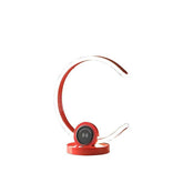 Red headset with clear microphone on a white background