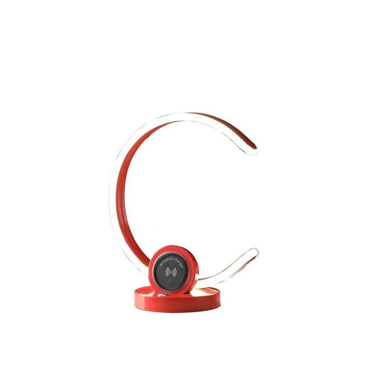 Red headset with clear microphone on a white background