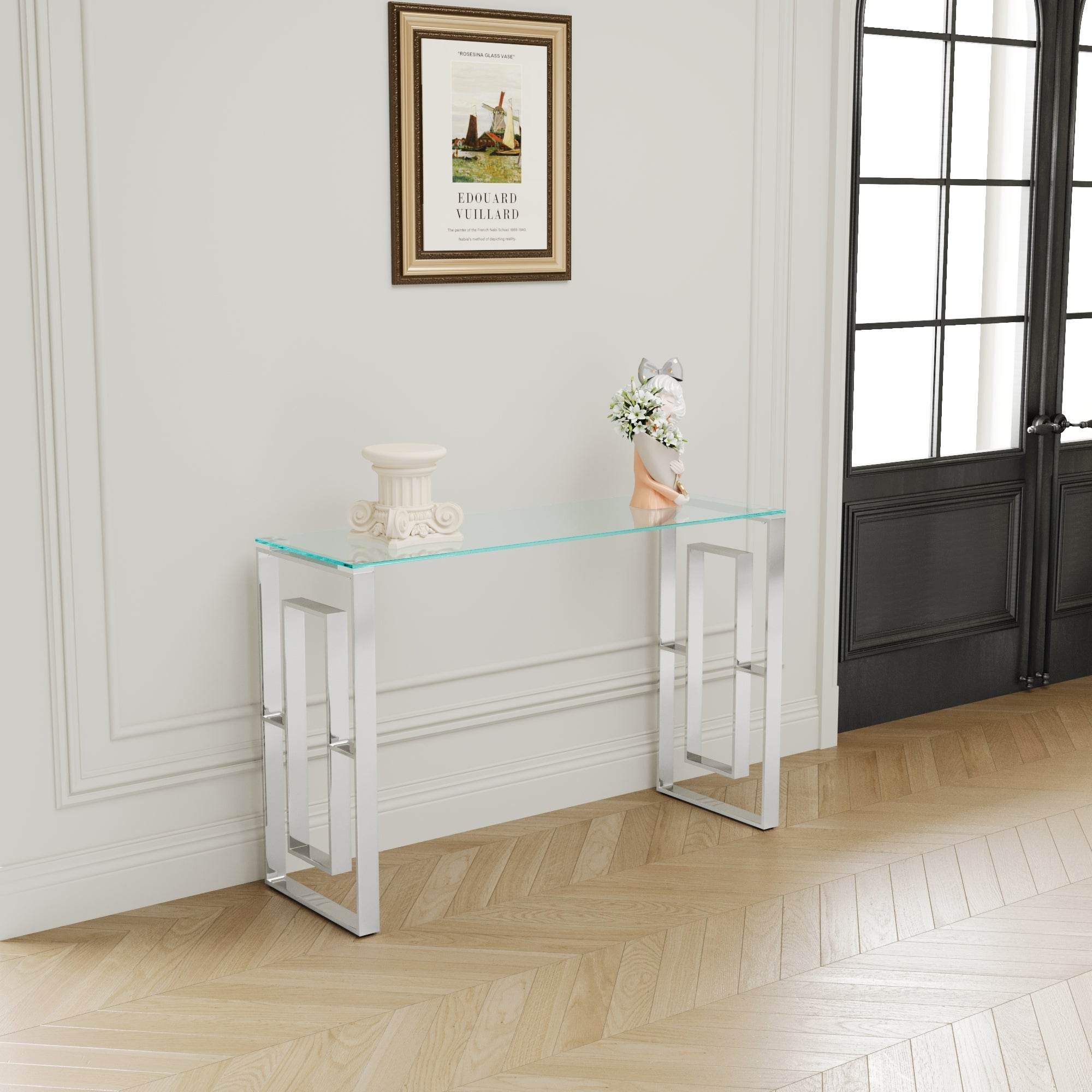 MLNshops Modern Glass Console Table with Chrome Frame