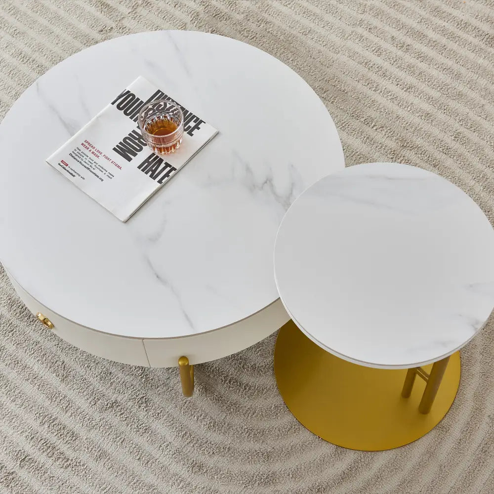 Modern Marble Nesting Table, Round Coffee Table Set of 2 End Table for Living Room,Stacking Side Tables, for Living Room Bedroom (Gold) MLNshops]