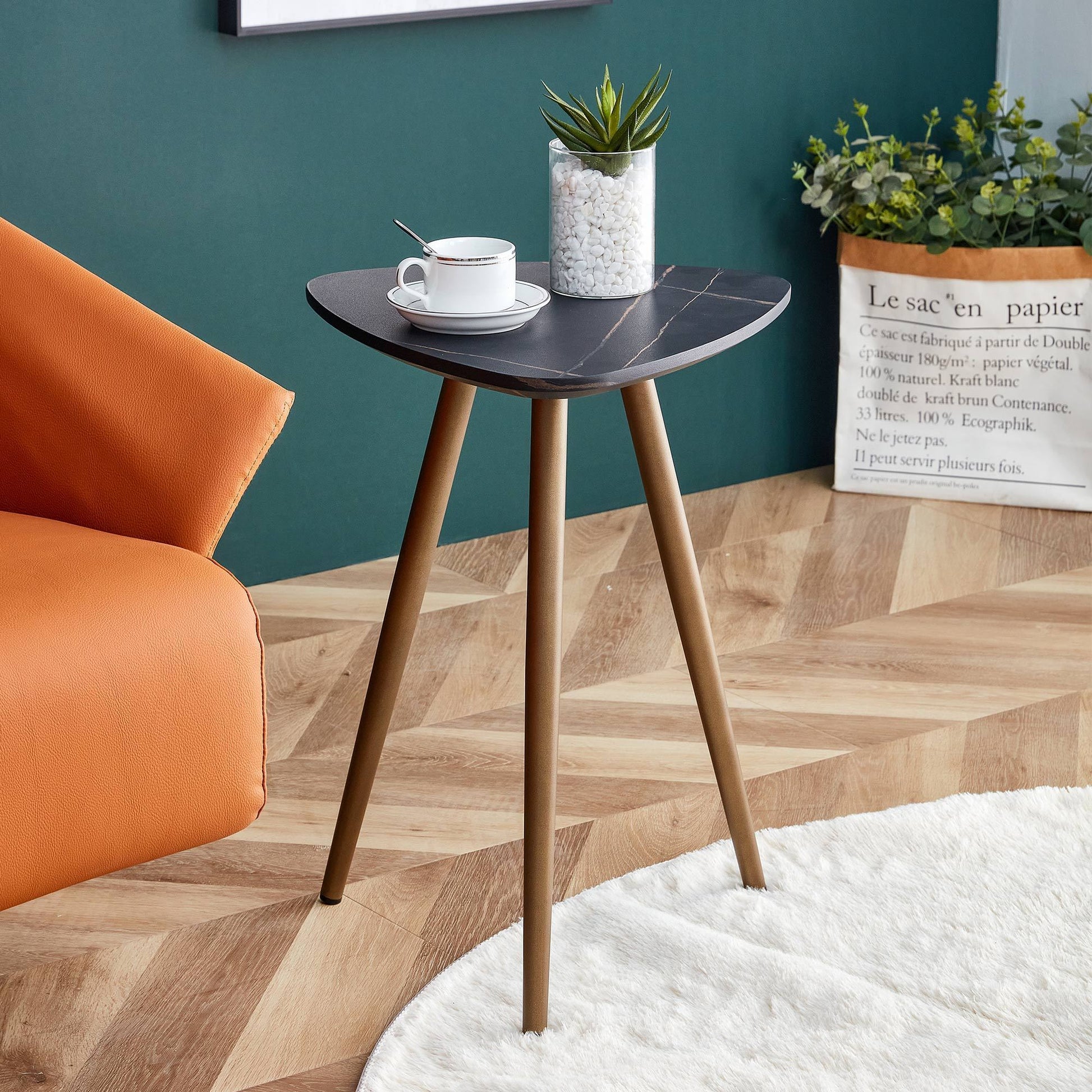 Modern Minimalism Black Faux Marble End & Side Table,Small Accent Coffee Table with Dark Gold Metal Legs,Triangle Nightstand MLNshops]