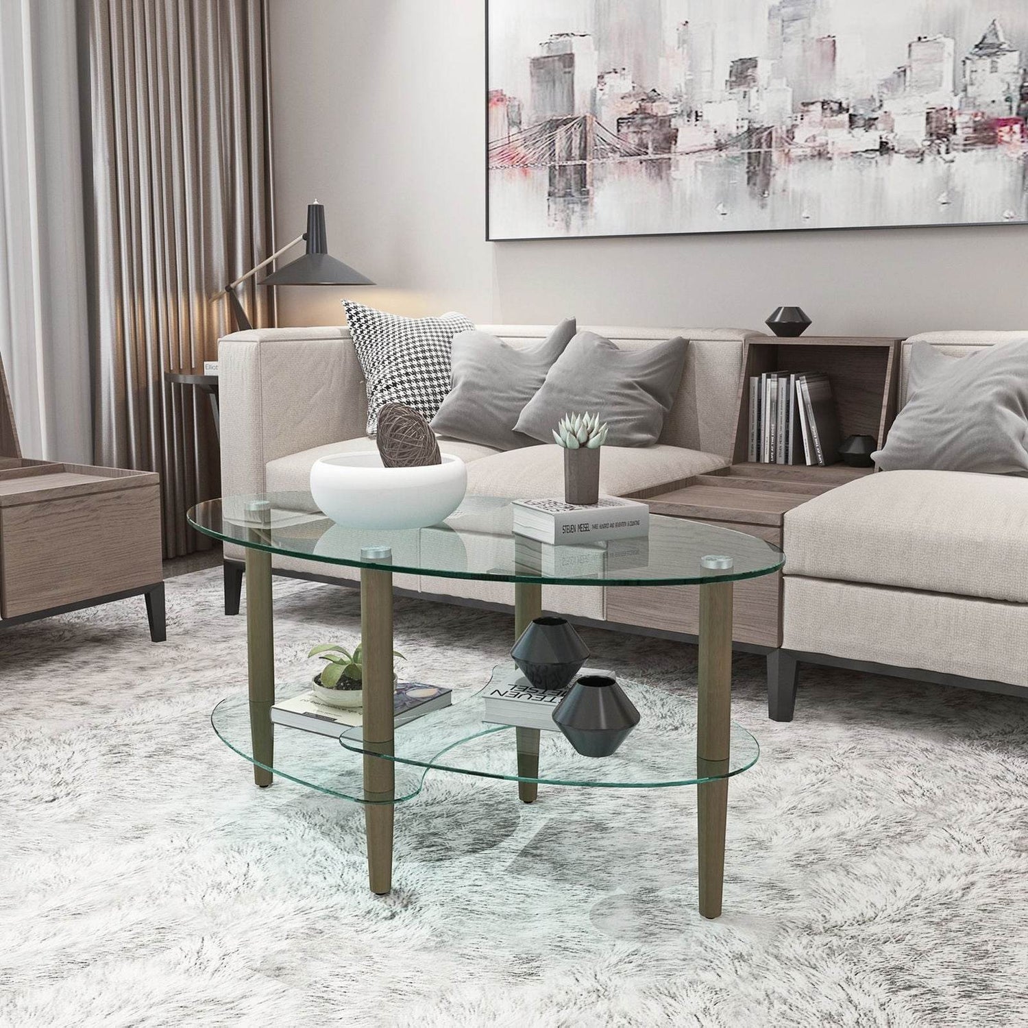 mlnshops Modern Oval Sofa Table with Oak Legs Glass Coffee Table