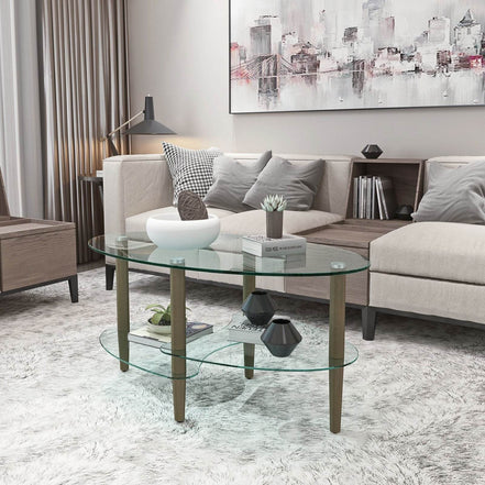 mlnshops Modern Oval Sofa Table with Oak Legs Glass Coffee Table