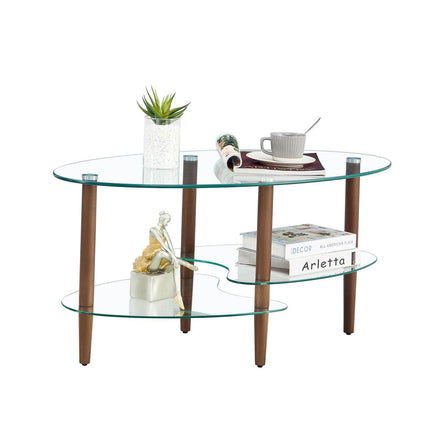 mlnshops Modern Oval Sofa Table with Oak Legs Glass Coffee Table