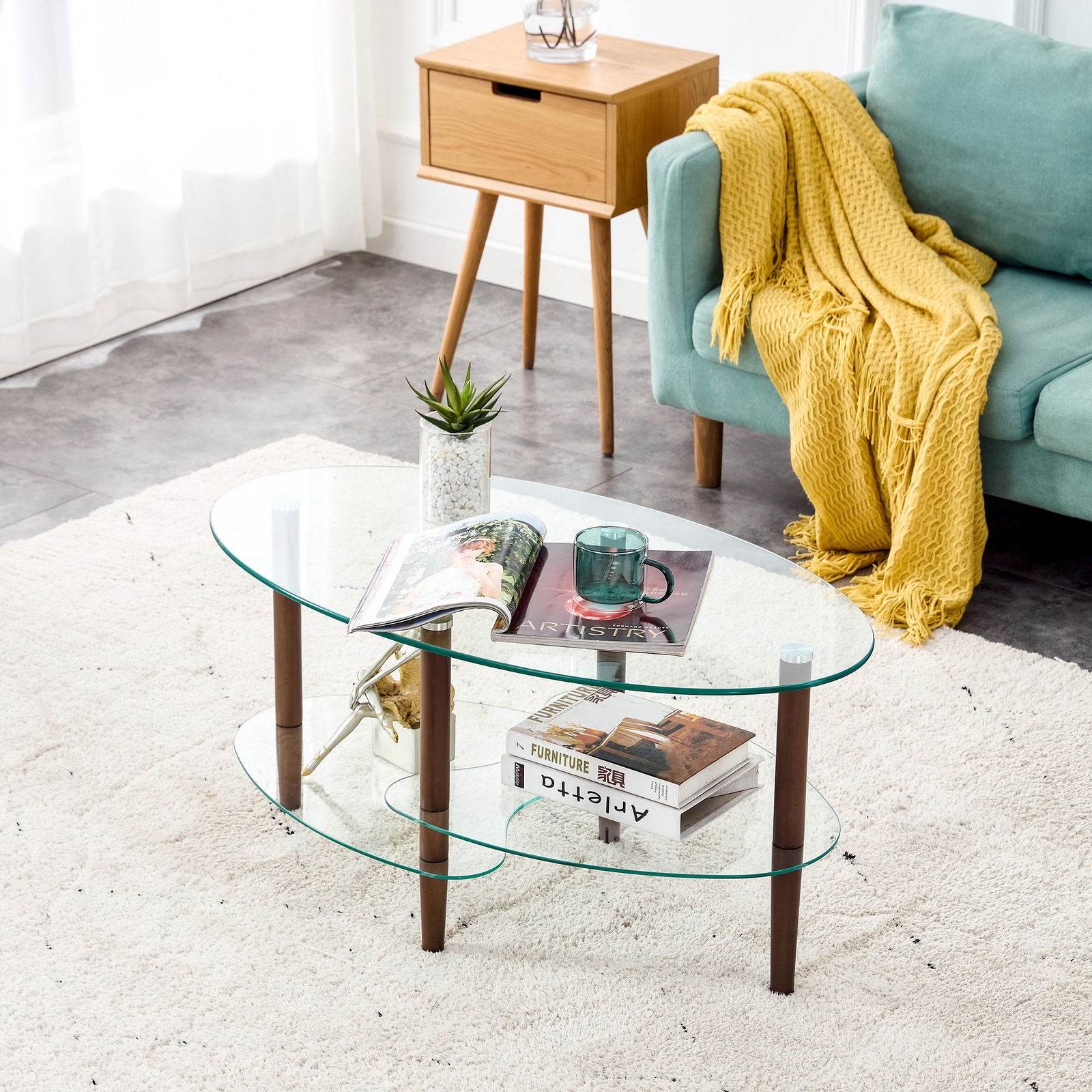 mlnshops Modern Oval Sofa Table with Oak Legs Glass Coffee Table