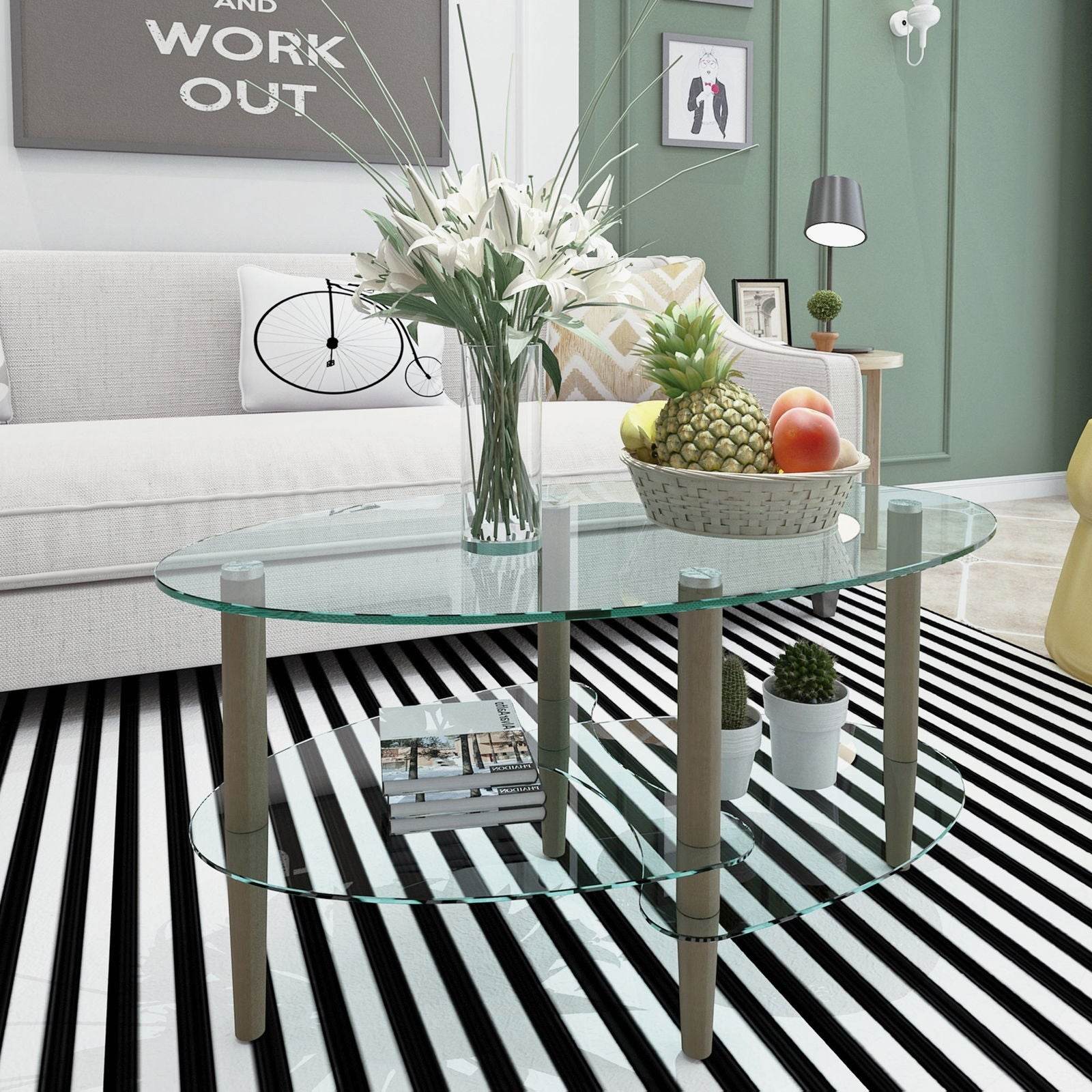 mlnshops Modern Oval Sofa Table with Oak Legs Glass Coffee Table