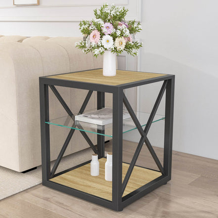 MLNshops Tempered Glass Side Table Wood Frame End Table Default