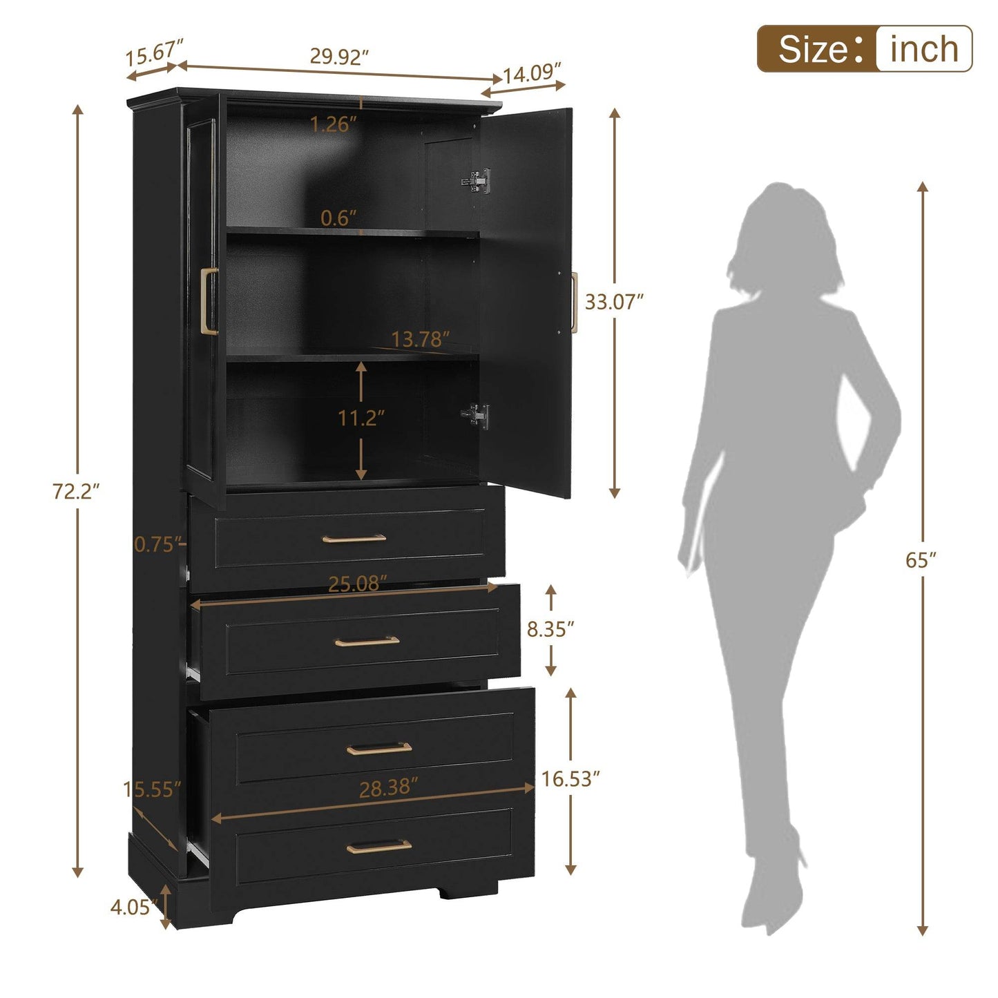 MLNshops 72 inch bathroom cabinet MDF steel Black 4-Drawer