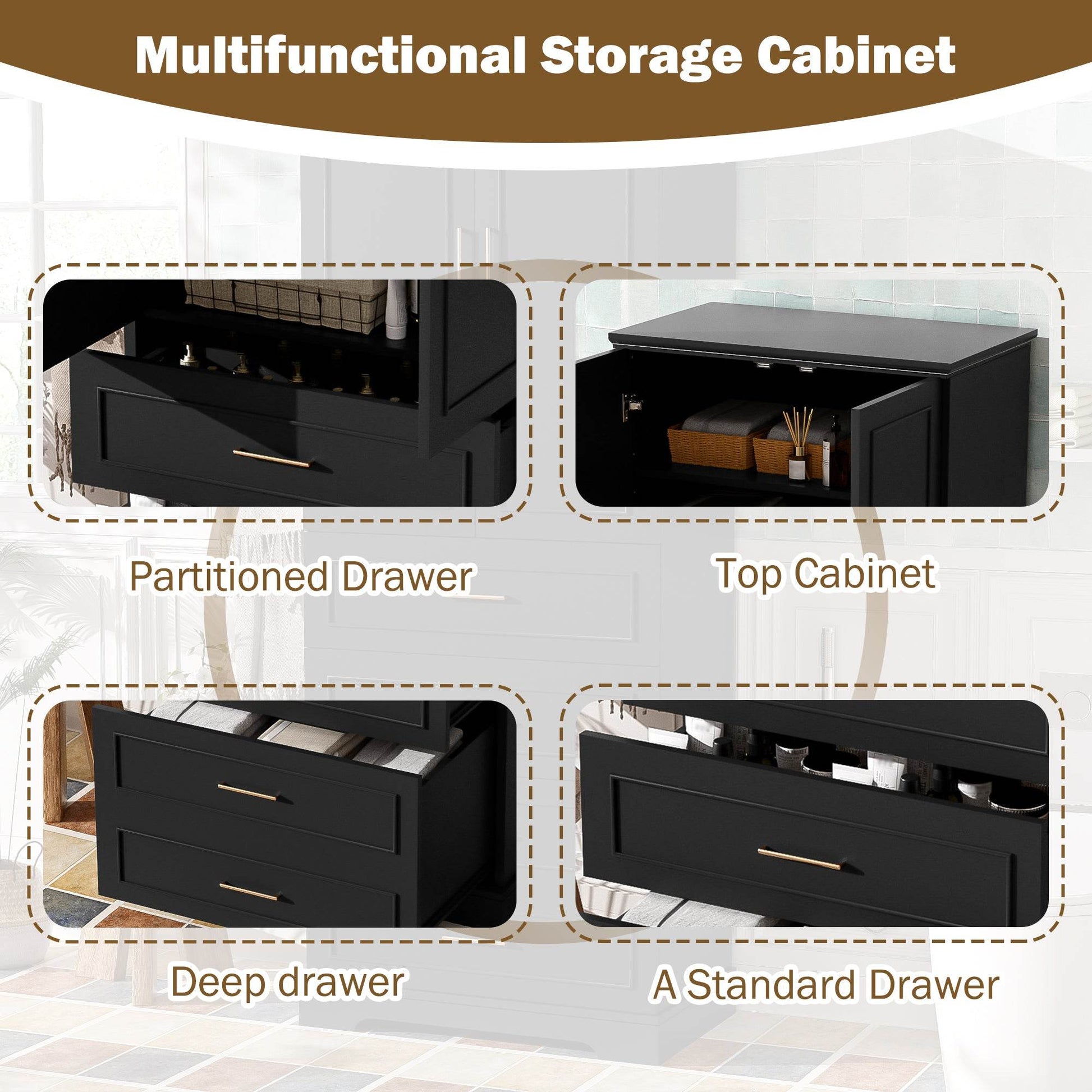 MLNshops 72 inch bathroom cabinet MDF steel Black 4-Drawer