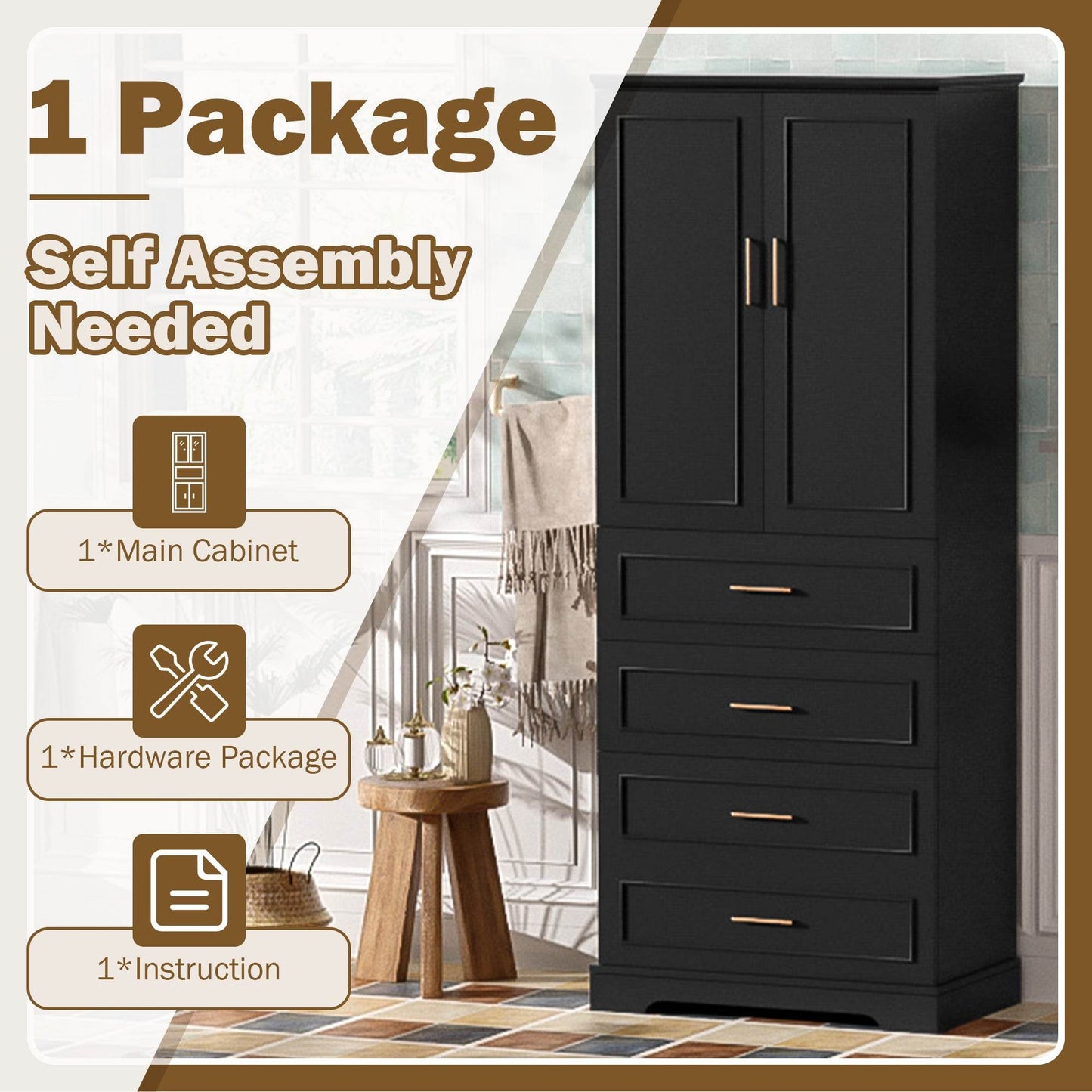 MLNshops 72 inch bathroom cabinet MDF steel Black 4-Drawer