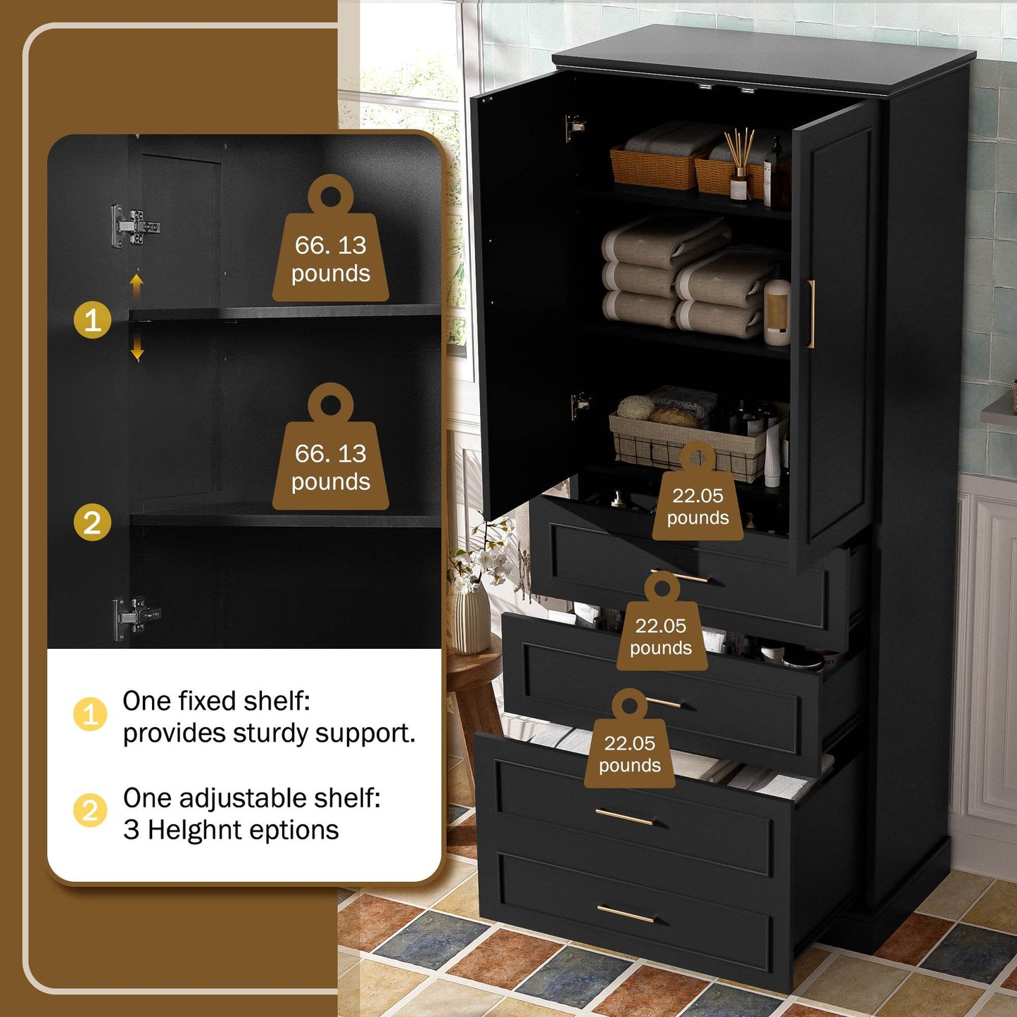 MLNshops 72 inch bathroom cabinet MDF steel Black 4-Drawer