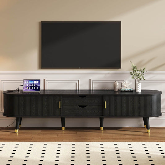 MLNshops black wooden TV stand with charging station, USB - MLNshops