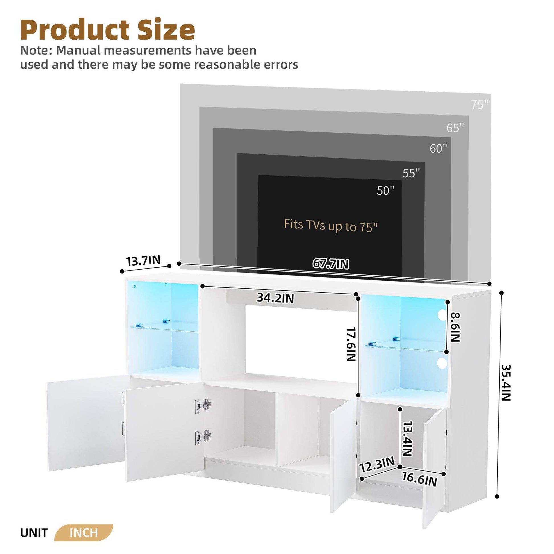 MLNshops LED TV stand for 75 inch TV. White Storage Console