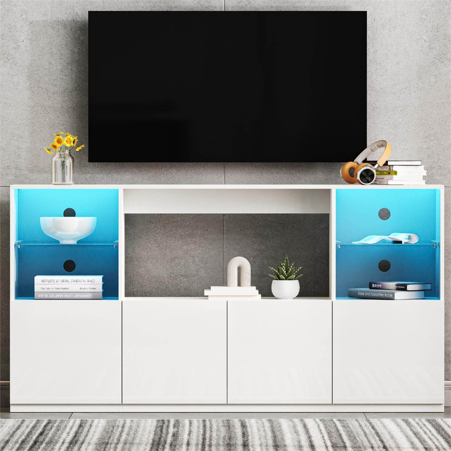MLNshops LED TV stand for 75 inch TV. White Storage Console