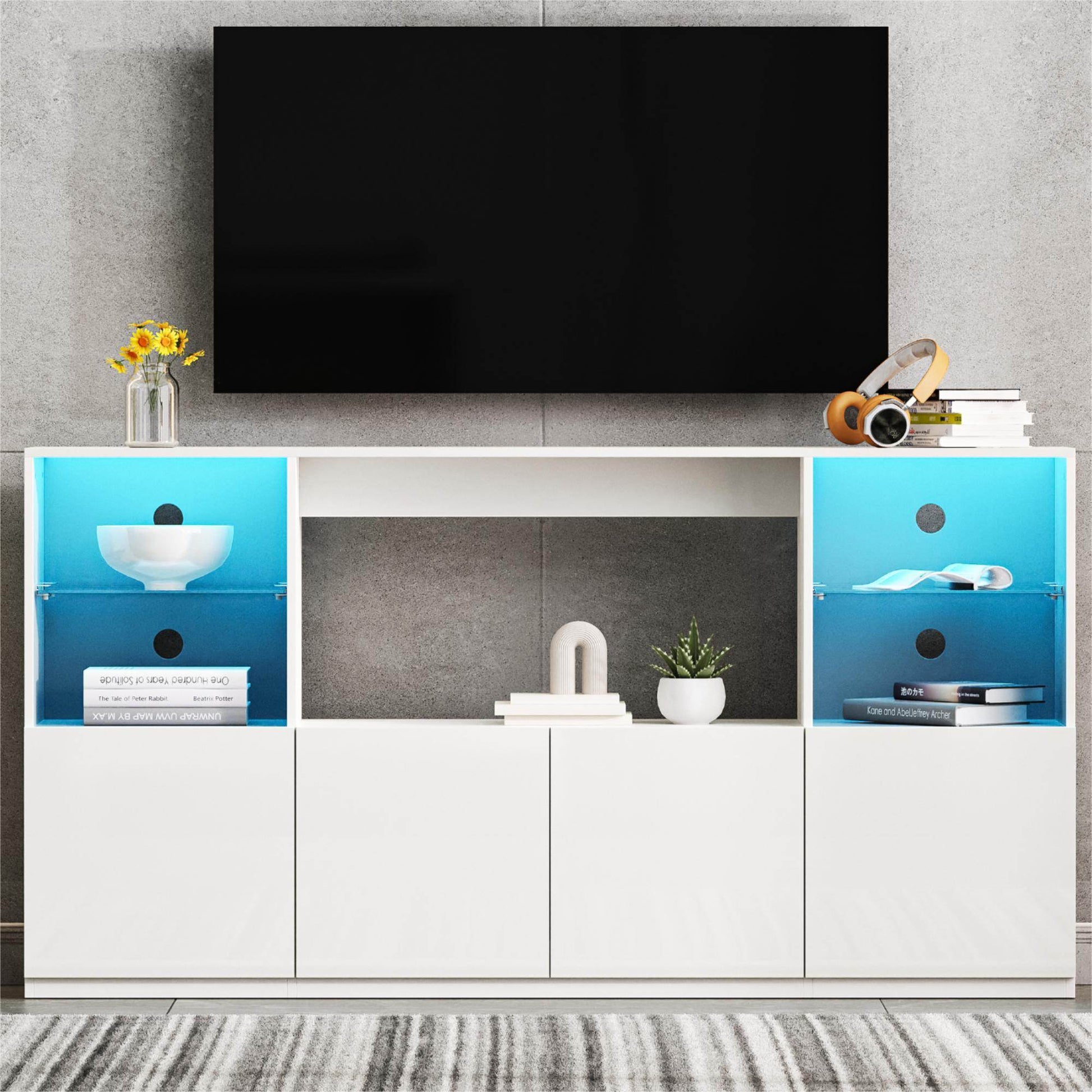 MLNshops LED TV stand for 75 inch TV. White Storage Console