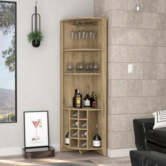 Morgana 8-Bottle 5-Shelf Corner Bar Cabinet Macadamia MLNshops]