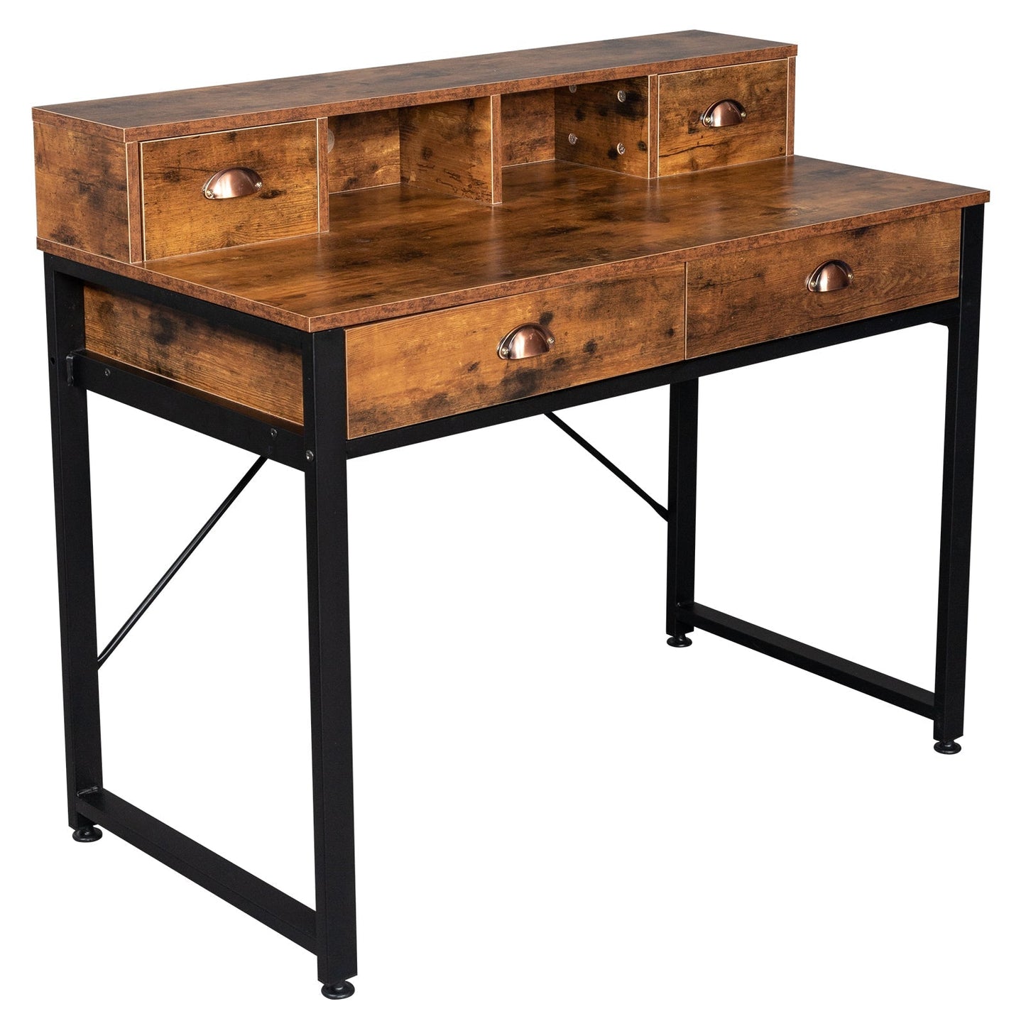 Old Wood Table Top Black Steel Frame Particle Board Two Small Drawers Two Large Drawers Computer Desk MLNshops]