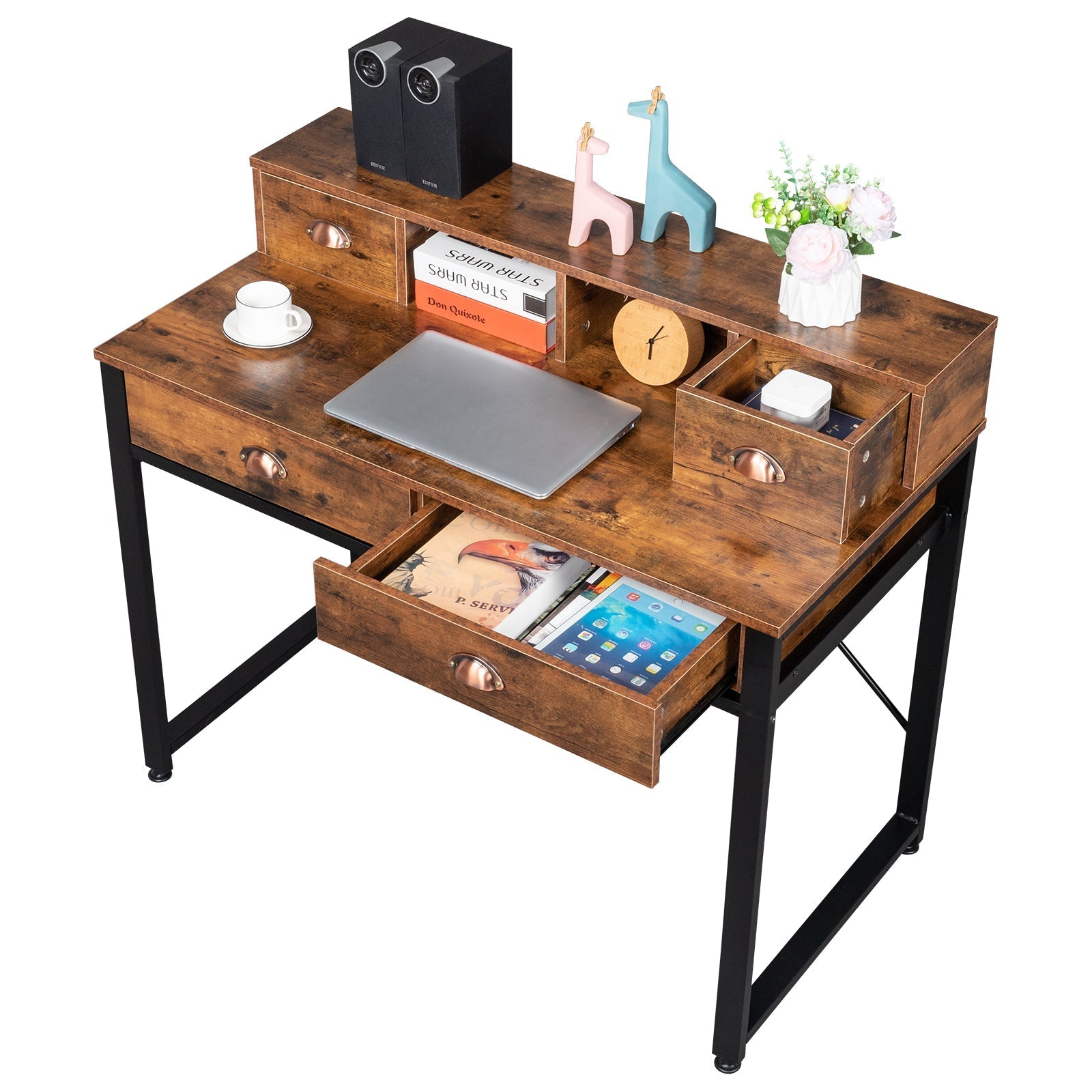 Old Wood Table Top Black Steel Frame Particle Board Two Small Drawers Two Large Drawers Computer Desk MLNshops]