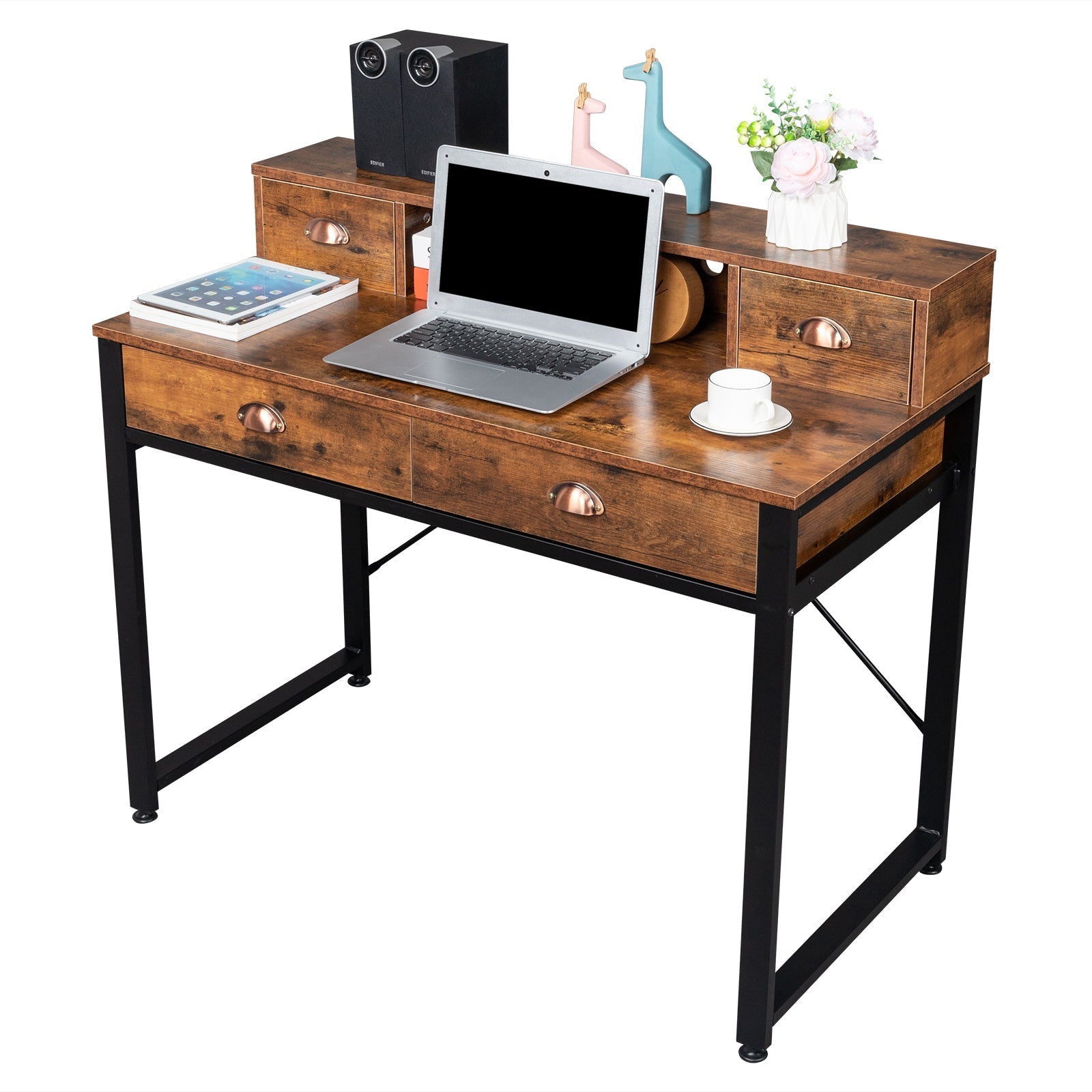 Old Wood Table Top Black Steel Frame Particle Board Two Small Drawers Two Large Drawers Computer Desk MLNshops]