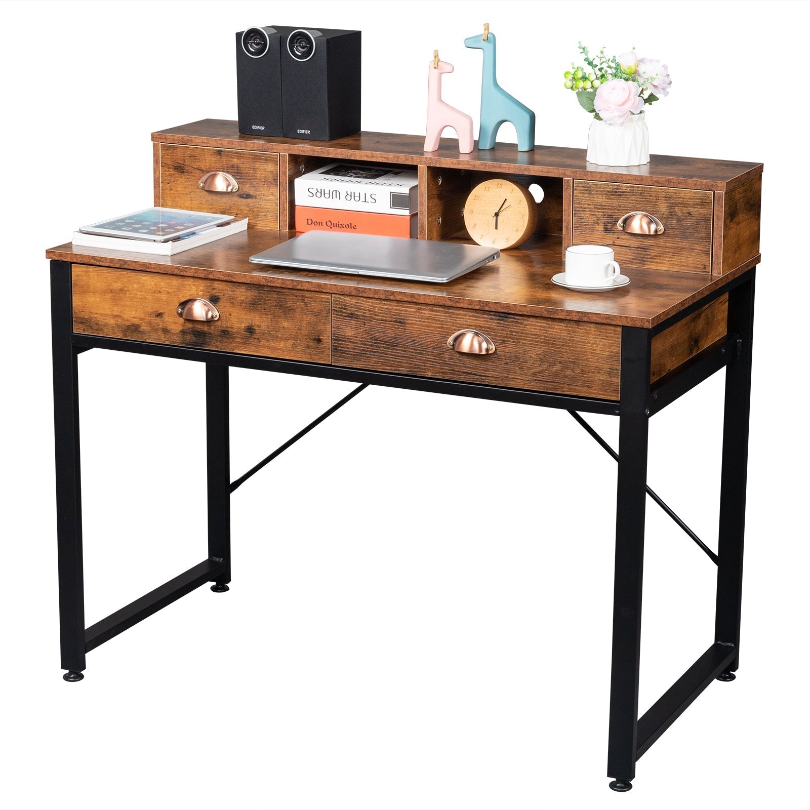 Old Wood Table Top Black Steel Frame Particle Board Two Small Drawers Two Large Drawers Computer Desk MLNshops]