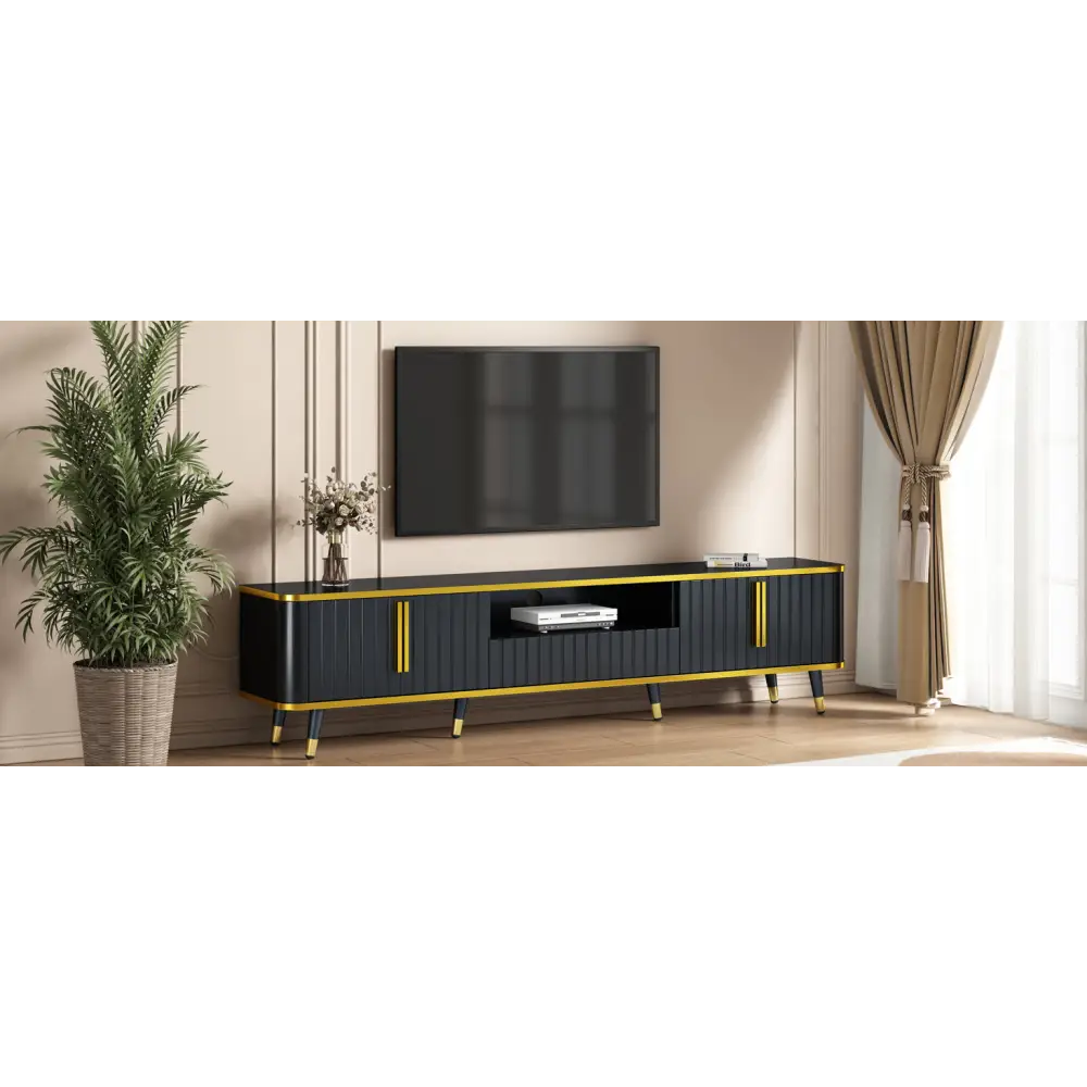 ON-TREND Luxury Minimalism TV Stand with Open Storage Shelf for TVs Up to 85", Entertainment Center with Cabinets and Drawers, Black MLNshops]