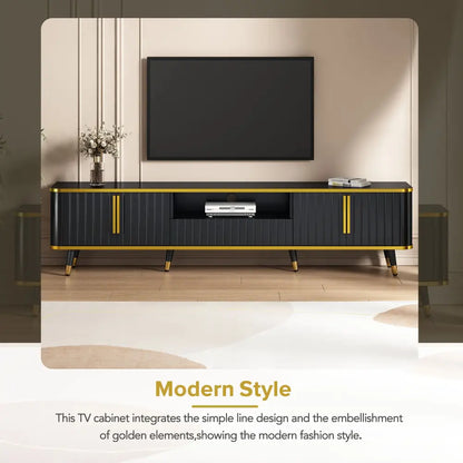 ON-TREND Luxury Minimalism TV Stand with Open Storage Shelf for TVs Up to 85", Entertainment Center with Cabinets and Drawers, Black MLNshops]