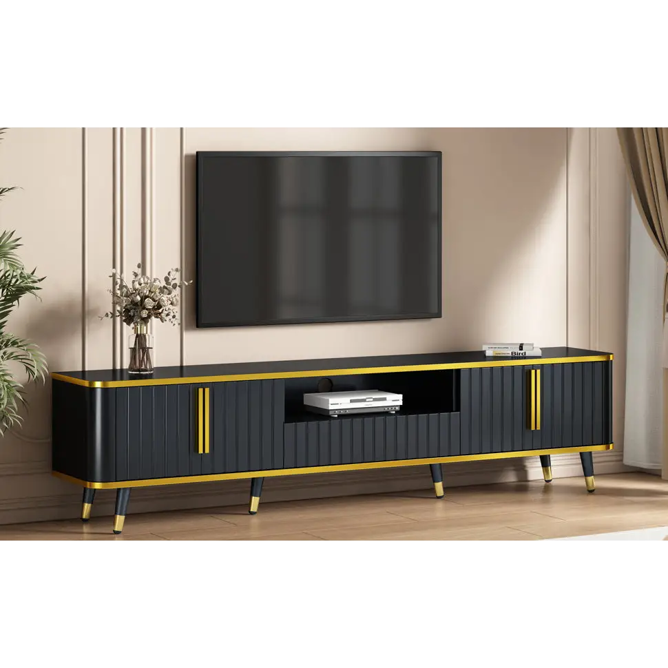 ON-TREND Luxury Minimalism TV Stand with Open Storage Shelf for TVs Up to 85", Entertainment Center with Cabinets and Drawers, Black MLNshops]