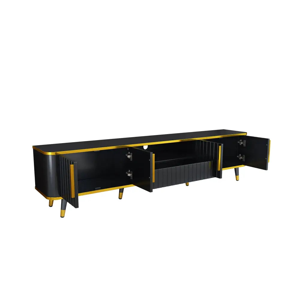 ON-TREND Luxury Minimalism TV Stand with Open Storage Shelf for TVs Up to 85", Entertainment Center with Cabinets and Drawers, Black MLNshops]