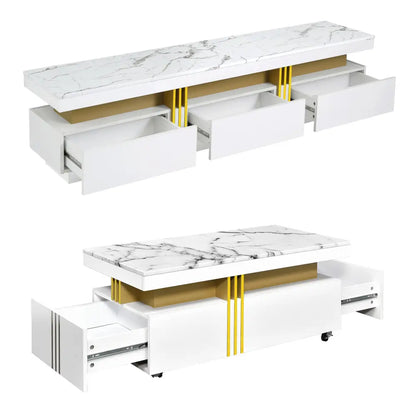 ON-TREND Modern Luxury TV Stand and Coffee Table Set of 2, High Gloss Faux Marble Top, TV Stand for TVs Up to 78'', Rectangle Coffee Table with Caster Wheels for Living Room, White MLNshops]