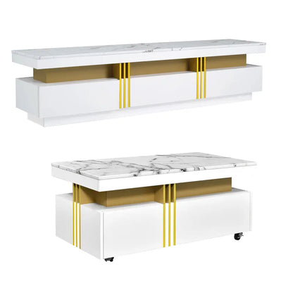 ON-TREND Modern Luxury TV Stand and Coffee Table Set of 2, High Gloss Faux Marble Top, TV Stand for TVs Up to 78'', Rectangle Coffee Table with Caster Wheels for Living Room, White MLNshops]