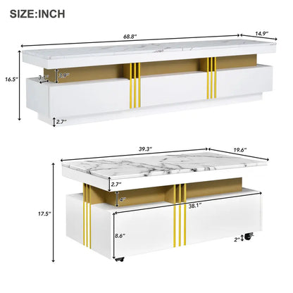 ON-TREND Modern Luxury TV Stand and Coffee Table Set of 2, High Gloss Faux Marble Top, TV Stand for TVs Up to 78'', Rectangle Coffee Table with Caster Wheels for Living Room, White MLNshops]