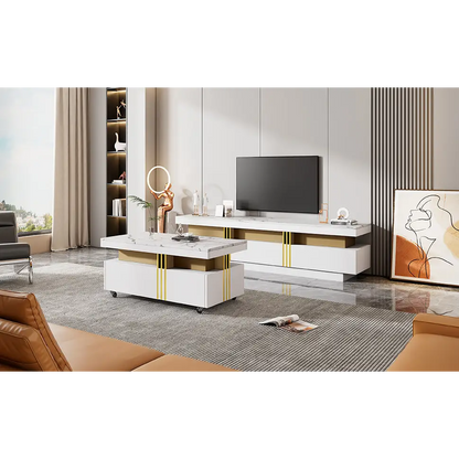 ON-TREND Modern Luxury TV Stand and Coffee Table Set of 2, High Gloss Faux Marble Top, TV Stand for TVs Up to 78'', Rectangle Coffee Table with Caster Wheels for Living Room, White MLNshops]