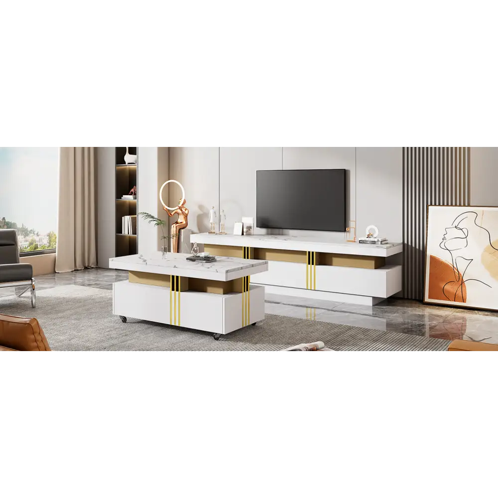 ON-TREND Modern Luxury TV Stand and Coffee Table Set of 2, High Gloss Faux Marble Top, TV Stand for TVs Up to 78'', Rectangle Coffee Table with Caster Wheels for Living Room, White MLNshops]