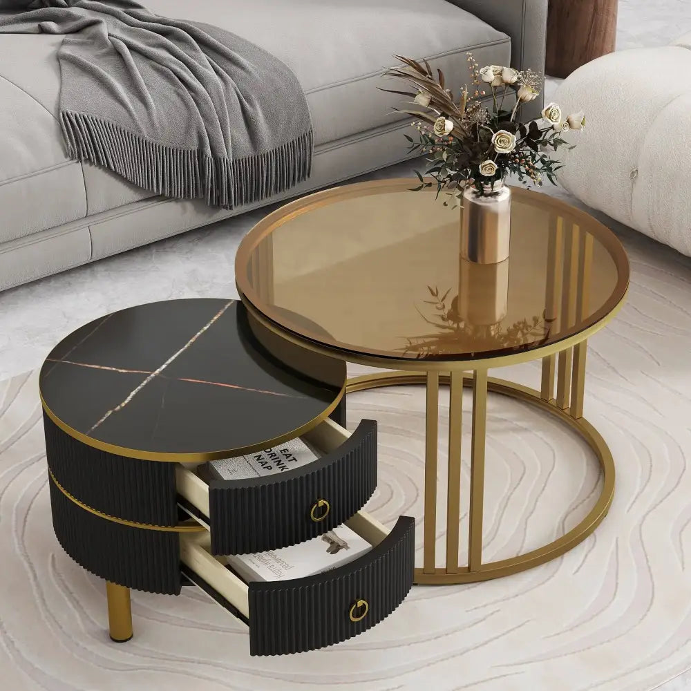 ON-TREND Φ27.5'' & Φ19.6'' Stackable Coffee Table with 2 Drawers, Nesting Tables with Brown Tempered Glass and High Gloss Marble Tabletop, Set MLNshops]