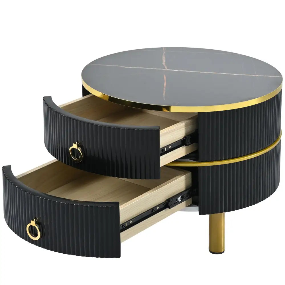 ON-TREND Φ27.5'' & Φ19.6'' Stackable Coffee Table with 2 Drawers, Nesting Tables with Brown Tempered Glass and High Gloss Marble Tabletop, Set MLNshops]