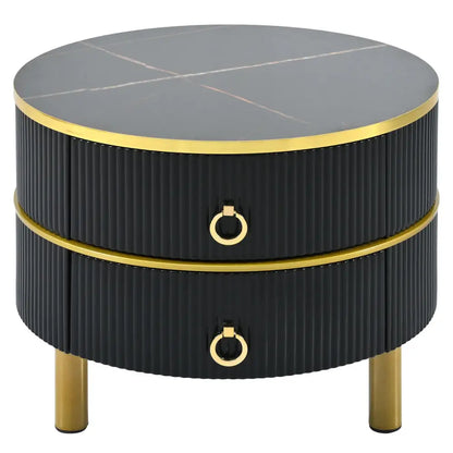 ON-TREND Φ27.5'' & Φ19.6'' Stackable Coffee Table with 2 Drawers, Nesting Tables with Brown Tempered Glass and High Gloss Marble Tabletop, Set MLNshops]