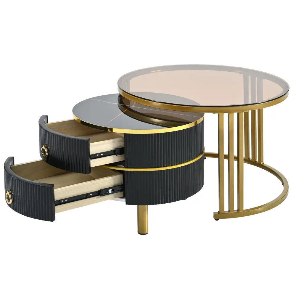 ON-TREND Φ27.5'' & Φ19.6'' Stackable Coffee Table with 2 Drawers, Nesting Tables with Brown Tempered Glass and High Gloss Marble Tabletop, Set MLNshops]