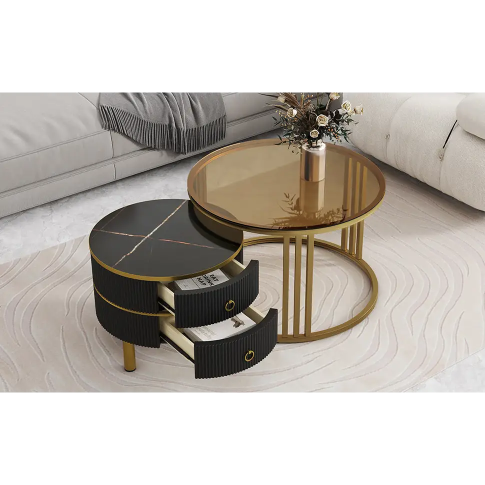 ON-TREND Φ27.5'' & Φ19.6'' Stackable Coffee Table with 2 Drawers, Nesting Tables with Brown Tempered Glass and High Gloss Marble Tabletop, Set MLNshops]