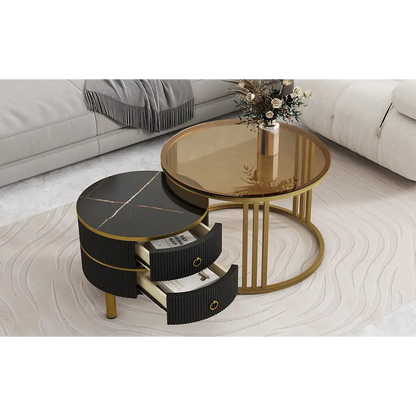 ON-TREND Φ27.5'' & Φ19.6'' Stackable Coffee Table with 2 Drawers, Nesting Tables with Brown Tempered Glass and High Gloss Marble Tabletop, Set MLNshops]