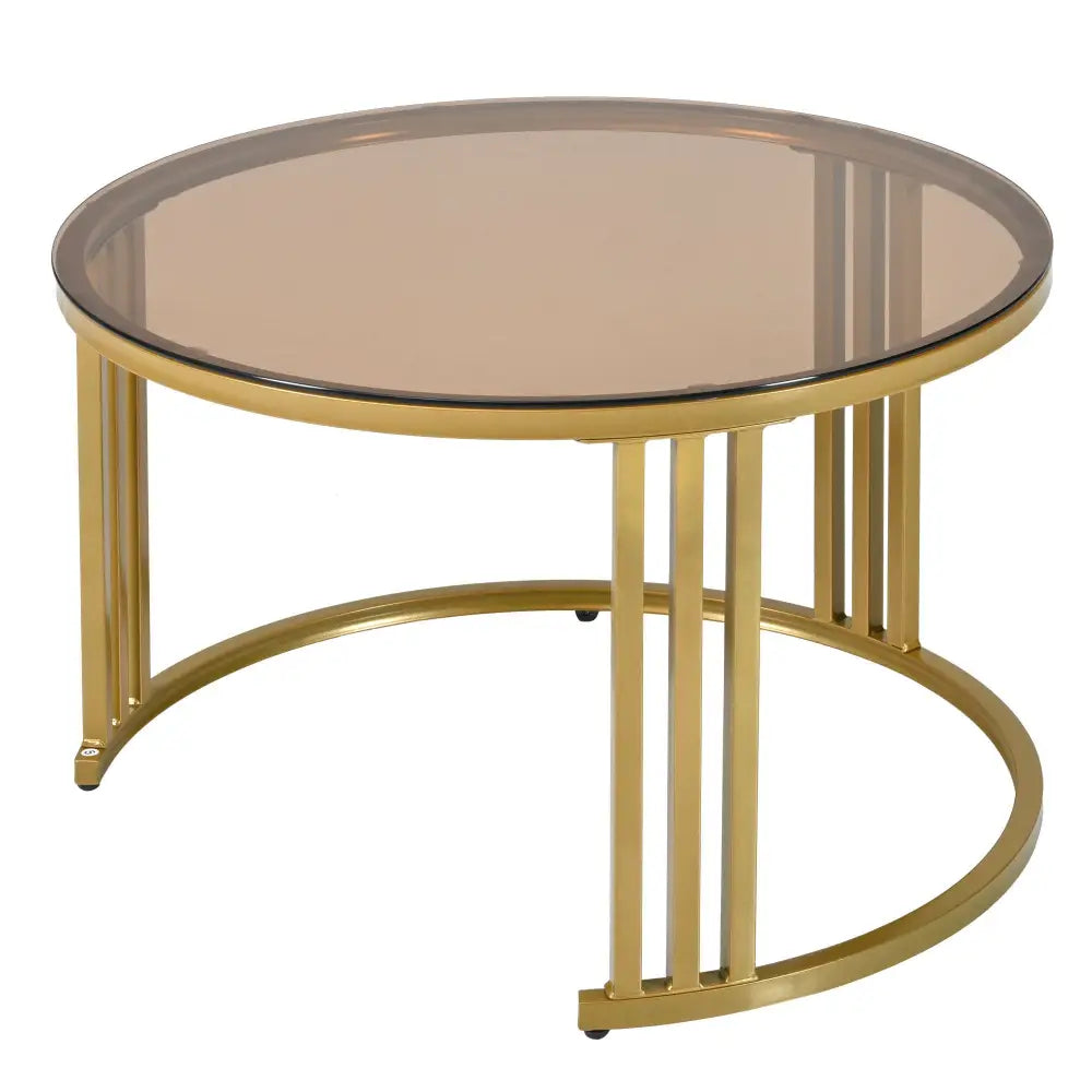 ON-TREND Φ27.5'' & Φ19.6'' Stackable Coffee Table with 2 Drawers, Nesting Tables with Brown Tempered Glass and High Gloss Marble Tabletop, Set MLNshops]