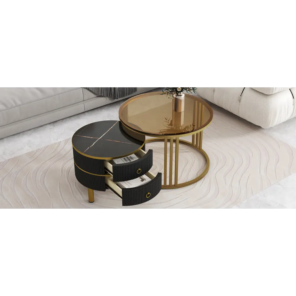 ON-TREND Φ27.5'' & Φ19.6'' Stackable Coffee Table with 2 Drawers, Nesting Tables with Brown Tempered Glass and High Gloss Marble Tabletop, Set MLNshops]