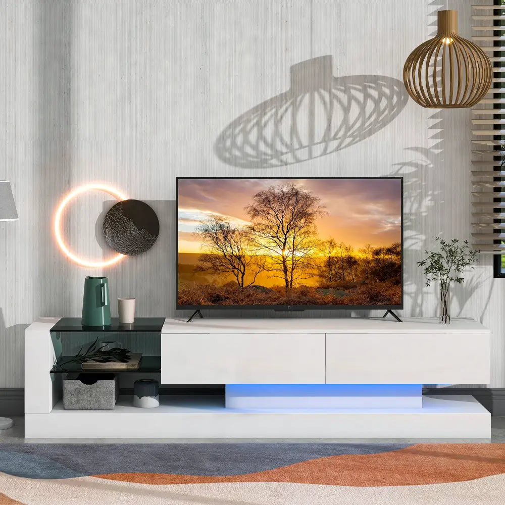 On-Trend TV Stand with Two Media Storage Cabinets Modern High Gloss Entertainment Center for 75 Inch TV, 16-color RGB LED Color Changing Lights MLNshops]