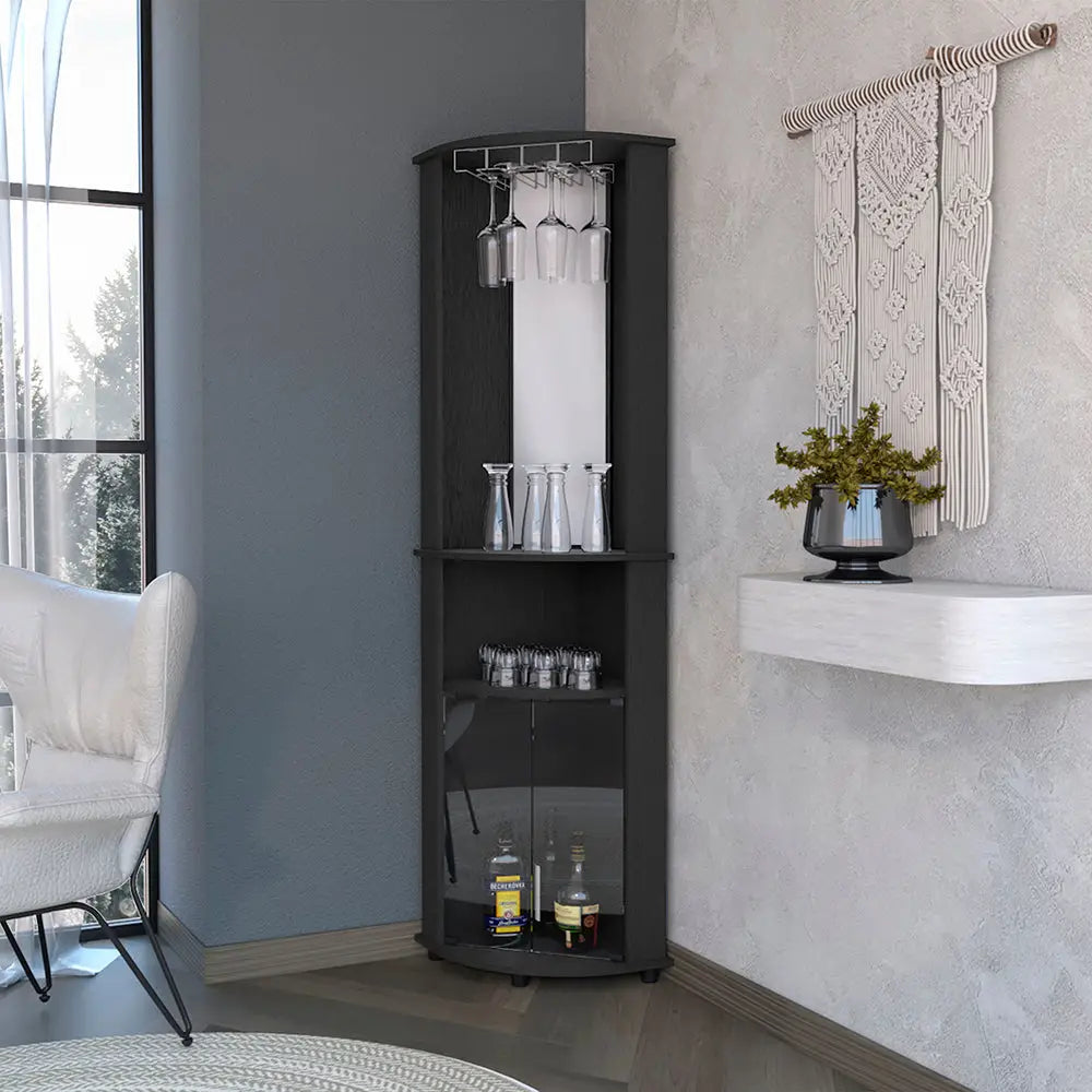 Oregon Corner Bar Cabinet, 3-Tier Shelf with Glass Rack MLNshops]