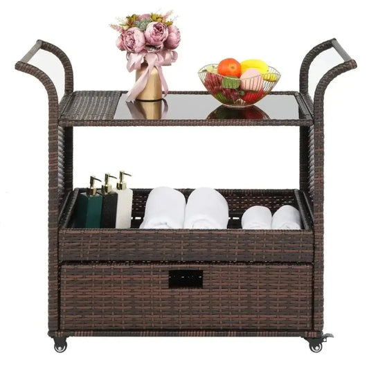 Outdoor Patio Wicker Rattan Serving Bar Cart Sideboard On Wheels Brown Gradient MLNshops]