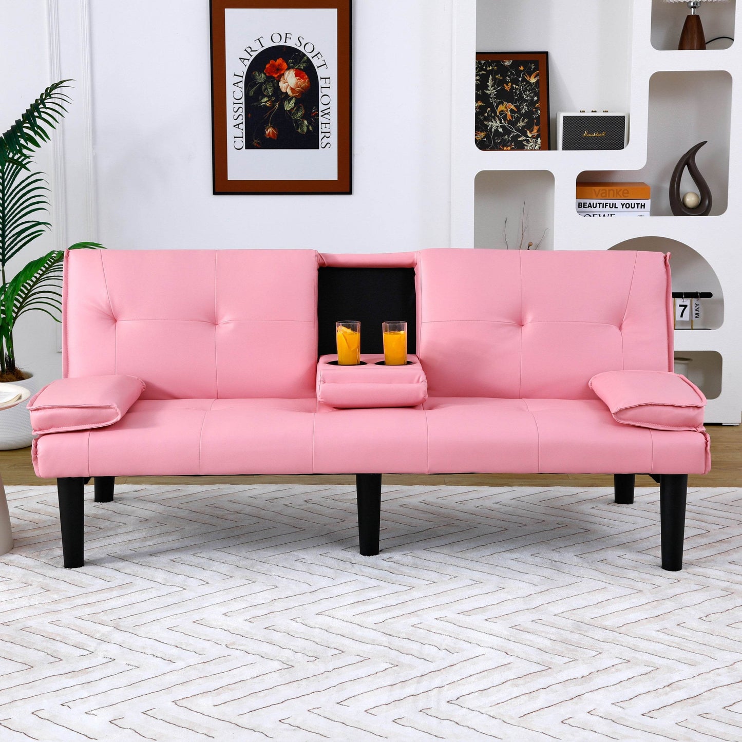 MLNshops Pink Foldable Sofa Bed with Cup Holders Default