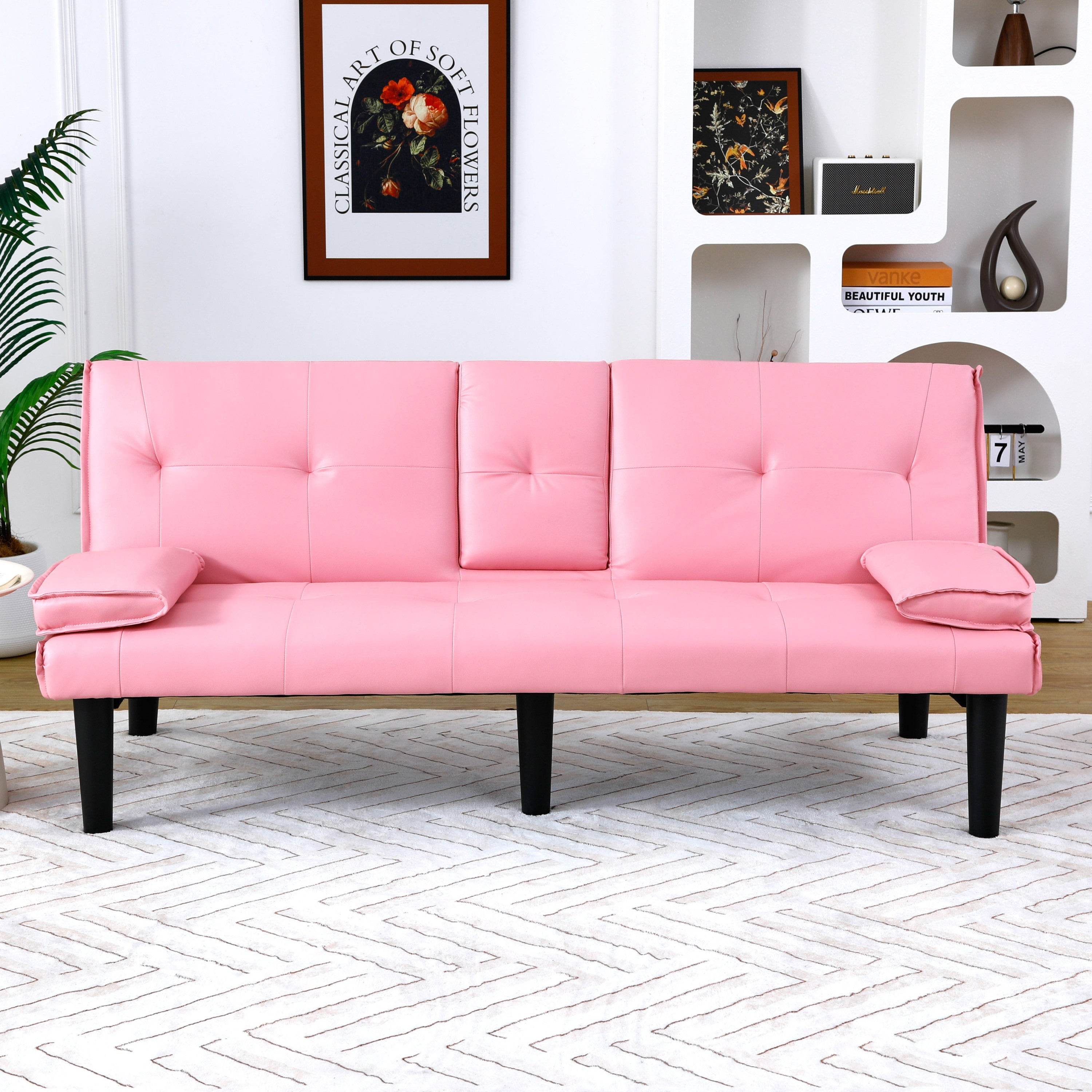 MLNshops Pink Foldable Sofa Bed with Cup Holders