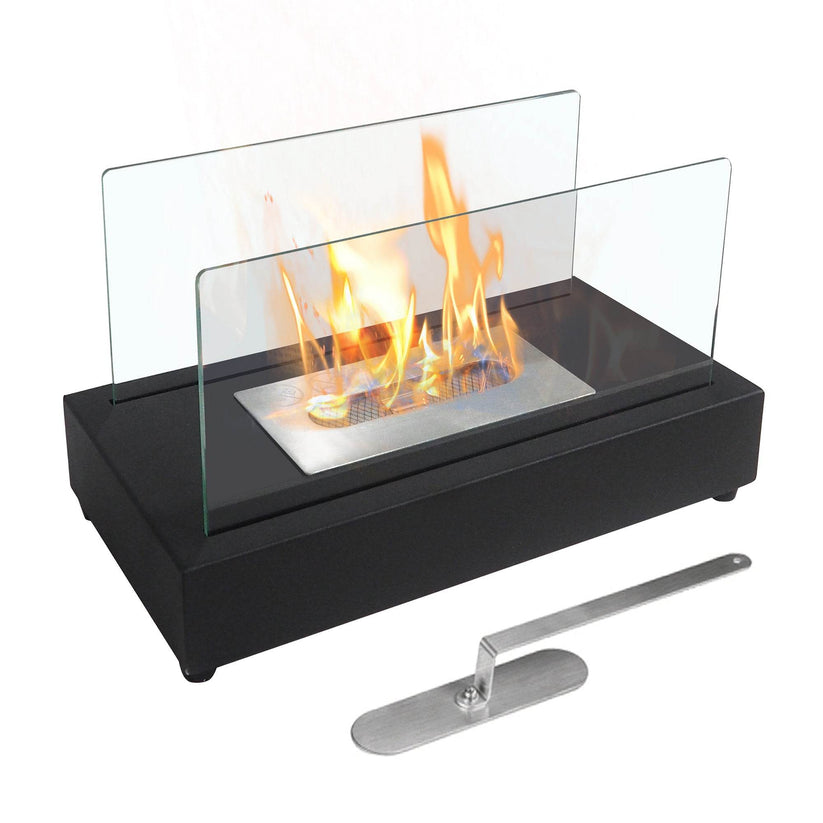 Portable indoor fire pit with glass barrier for safe tabletop use